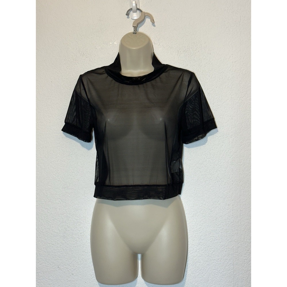 Mesh Mock Neck‎ Layering Top Short Sleeve See Through Black Size L